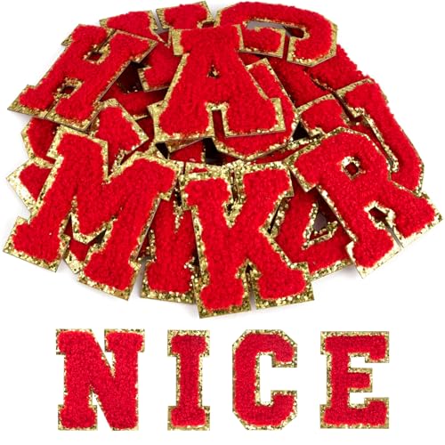 ASTARON 26 Pcs Self Adhesive Letter Patches Chenille Letters Stickers, A-Z Embroidered Applique Patches Alphabet Cloth Patch for Clothes, Bags, Hat, Phone Case, DIY Accessories (Red)
