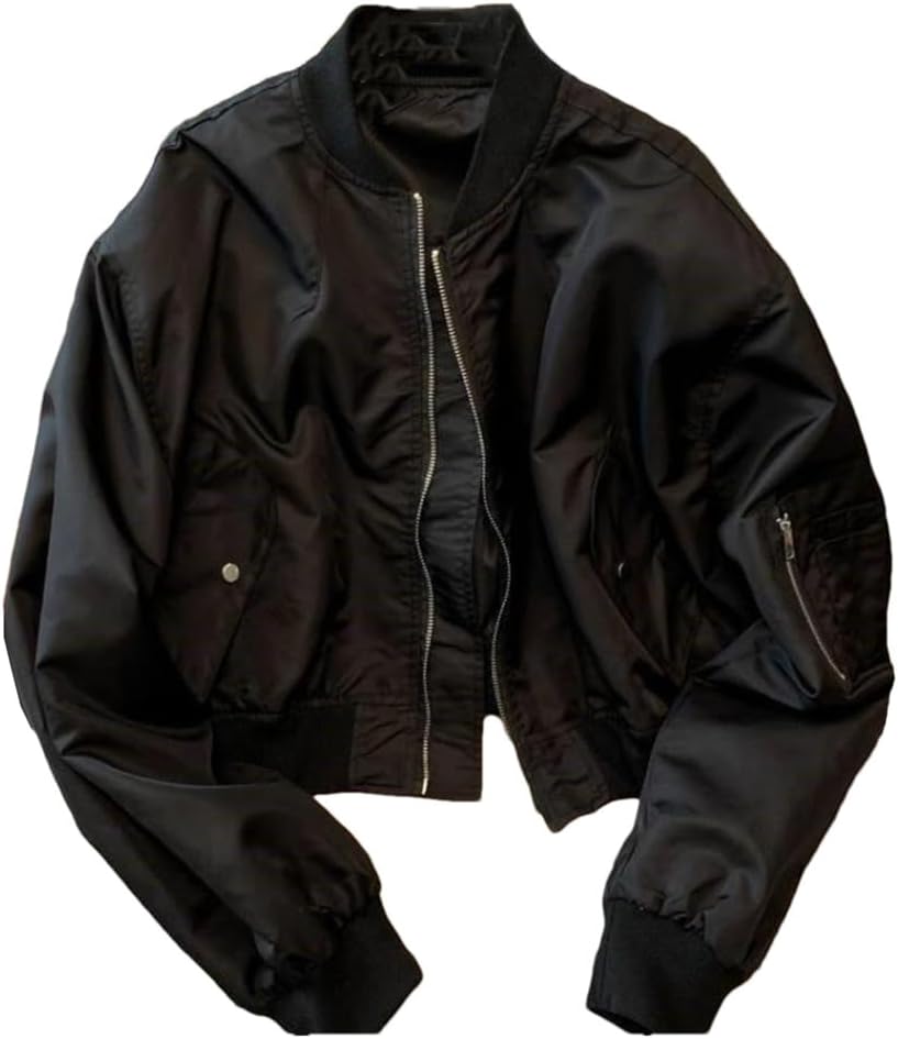 Women's Bomber Jacket Korean Street Vintage Zipper Track Short Black Casual Cropped Coats with Pockets