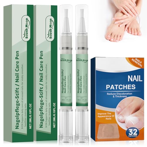 2 Stylos de Soin pour Ongles + 32 Patchs Réparateurs + Lime | Kit Complet Réparation & Renfort Ongles | Huile d'Arbre à Thé & Vitamine E | Pour Ongles Abîmés, Décolorés (Mains/Pieds)