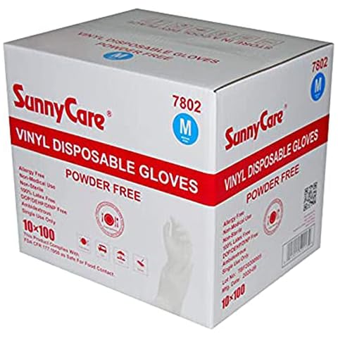 SunnyCare #7802 1000/1cases Vinyl Disposable Gloves Powder Free (Latex Nitrile Free) Medium Cover