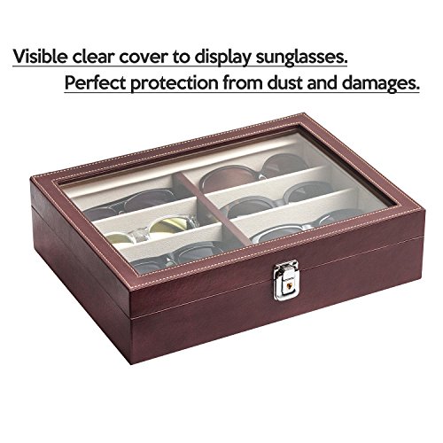 JackCubeDesign Leather 8 Compartments Eyeglass Display Organizer Eyeglasses Sunglass Storage Case Box Eyewear Tray Stand Suede Inside with Acrylic Cover(Brown, 17.4 x 6.7 x 1.97) – :MK379B