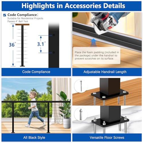 Zylorix 8ft-12ft Complete Set Cable Railing System 36" with Cuttable Handrail DIY Cable Rail, Black T304 Stainless Steel Cable Railing Posts Kit, One-Stop Easier for DIY for Indoor Outdoor Level Decks - Thumbnail 6