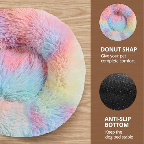 Image of JOLLYVOGUE Calming Dog Beds Large Sized Dog, 36in Donut Washable Large Pet Bed, Anti-Slip & Anti-Anxiety Fluffy Faux Fur Round Dogs Bed, Fits up to 80 lbs Pets (Rainbow)