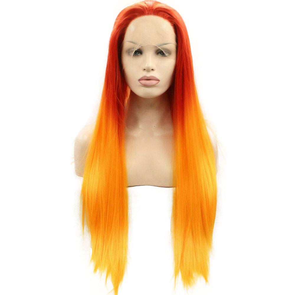 SereneWig 24" Long Straight 13x3" Front Lace Wig Orange Fire Color Wigs for Women Girls Cosplay Party Halloween Hot Red Orange Ombre Heat Resistant Fiber Wigs Net Wig Caps Included Middle Part - Image 2