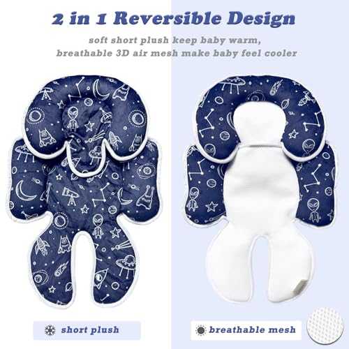 Image of Infant Car Seat Insert, 2 in 1 Carseat Head Neck Pillow for Newborn, Baby Carriage Pad with Strap Covers, Universal Seat Pad for Carseats, Stroller, Swings, Bouncer, Planet (Navy Blue)
