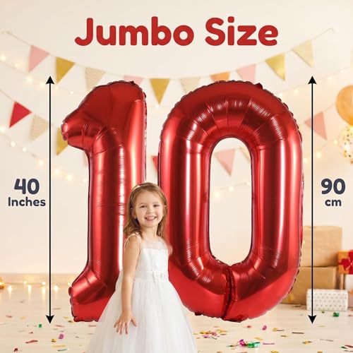 Image of Number 10 Balloon Foil Mylar Balloons for Birthday Party Decoration (Red, 40 Inch)