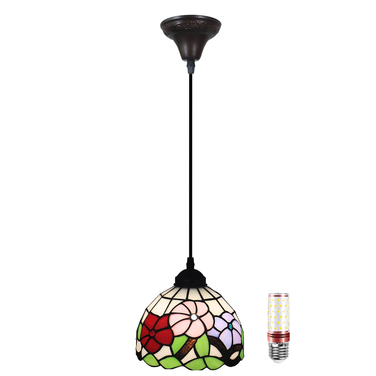 Uziqueif Coloured Pendant Light, Stained Glass Lamp, E27 Tiffany Ceiling Light, Hanging Lights For Loft Bar Bedroom Dining Room, Kitchen Island Lights, Adjustable Height, Width 20Cm