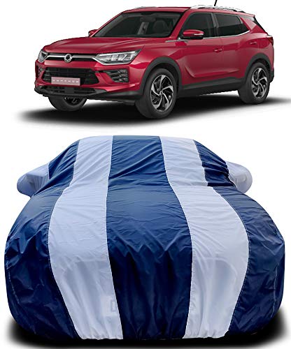Image of PURPLEHEART Car Body Cover Compatible with SsangYong Korando with Mirror Pocket Triple Stitched Bottom Elastic Water Resistant UV Protection & Dustproof - Blue & White