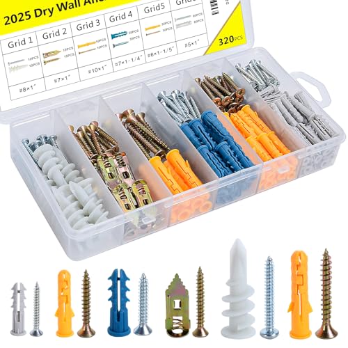 320PCS Drywall Anchors and Screws Kit - 6 Sizes Wall Anchors for Drywall with Plastic & Phillips...