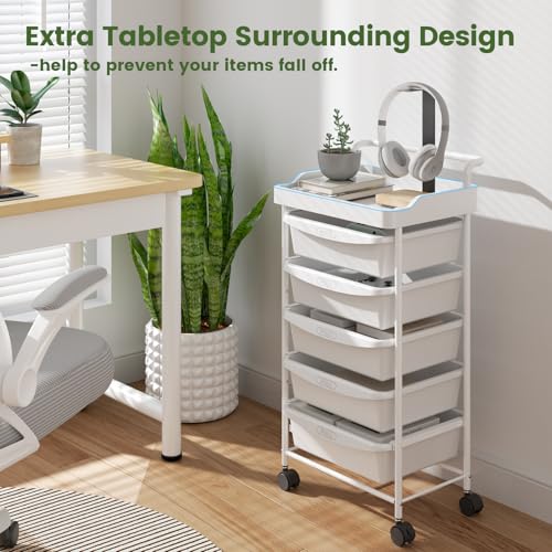 Shrivee Carrito Auxiliar de 5 Cajones con Ruedas y Cajones Estetica Ahorro de Espacio Carro Organizador para Cocina Baño Dormitorio Oficina (Blanco) - imagen 4