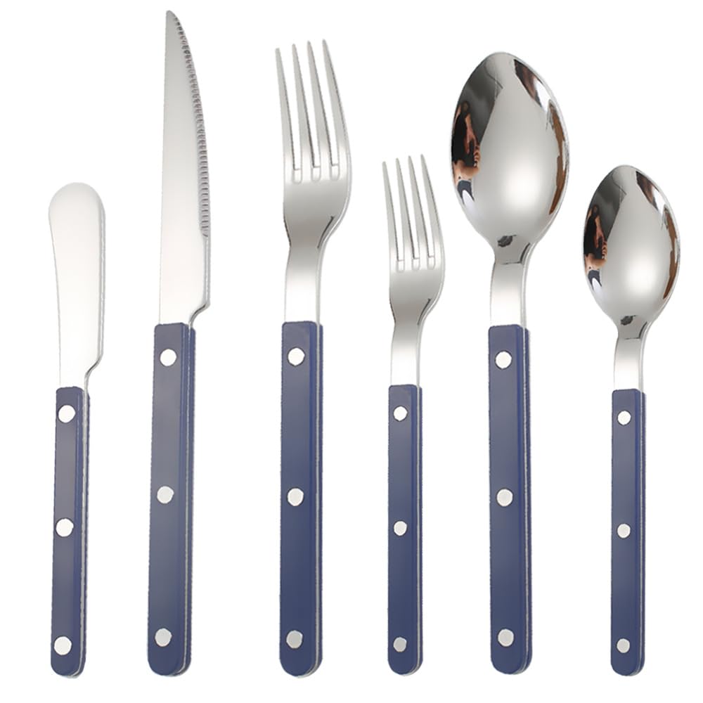 YUZGUHEY Silverware set 6/24Pieces Clip Handle Nails Tableware 304 Stainless Steel Spoon Acrylic Knife Fork(Blue,1Set 6Pcs)