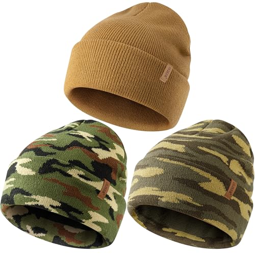 OLIKER 3 Pack Beanie for Men Women Winter Double Layer Warm Knit Cuffed Hat Stylish Slouchy Skull Cap for Cold Weather (US Alpha One Size Camouflage 1+Camouflage 2+Brown)