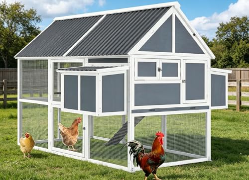 AECOJOY 84” Large Chicken Coop, Outdoor Wooden Hen House Poultry Cage Multi-Level Hutch w/ 2 Nesting Boxes, Ramps, Run, Wire Fence, Removable Tray for Easy Cleaning