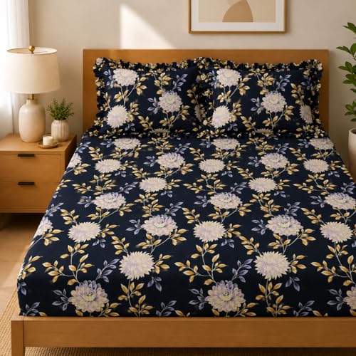 Image of 380 TC Premium Glace Cotton Elastic Fitted Bedsheet King Size with 2 Pillow Covers King Size | Double Bed with All Around Elastic (Black Floral, Fitted Queen-60x78)