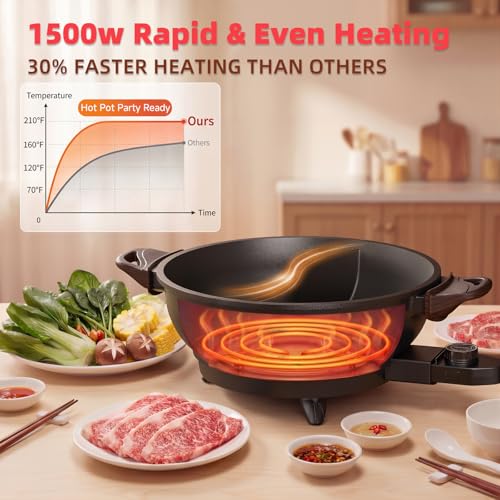 Image of TWIN Electric Hot Pot with Divider | PFAS-Free Ceramic Nonstick Pot | EvenHeat Cast Aluminum Body | 1500W Fast Heating | Dual-Flavor Shabu Shabu Pots for Family Use | 1-Yr Warranty