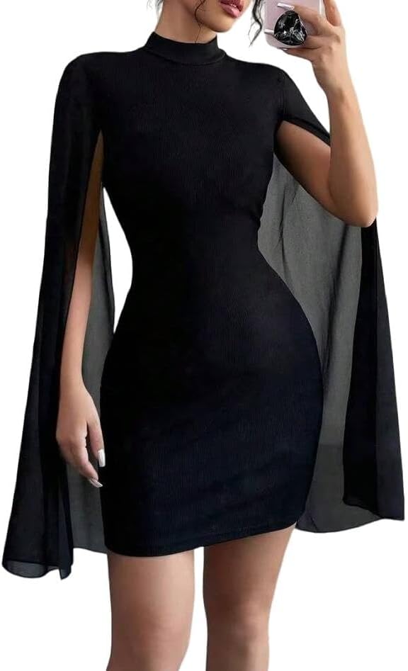 IQLWI Women's Sexy Glitter Mini Dress Mock Neck Cloak Sleeve Cocktail Shimmering Elegant Dresses Wedding Guest Party Evening
