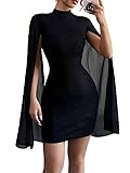 IQLWI Women's Sexy Glitter Mini Dress Mock Neck Cloak Sleeve Cocktail Shimmering Elegant Dresses Wedding Guest Party Evening (US, Alpha, X-Large, Regular, Regular, Black)