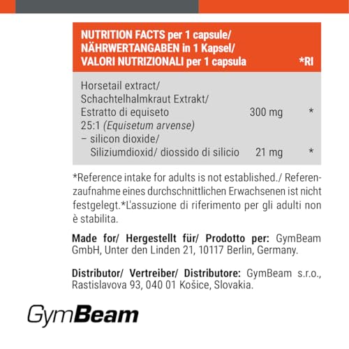GymBeam Schachtelhalm (Kapseln) - 300mg pro Tagesdosis für Haut-, Haar- und Nagelpflege, Leber- und Nierenpflege, natürliche Entgiftung, Knochen- und Gelenkpflege, gluten- und laktosefrei, vegan