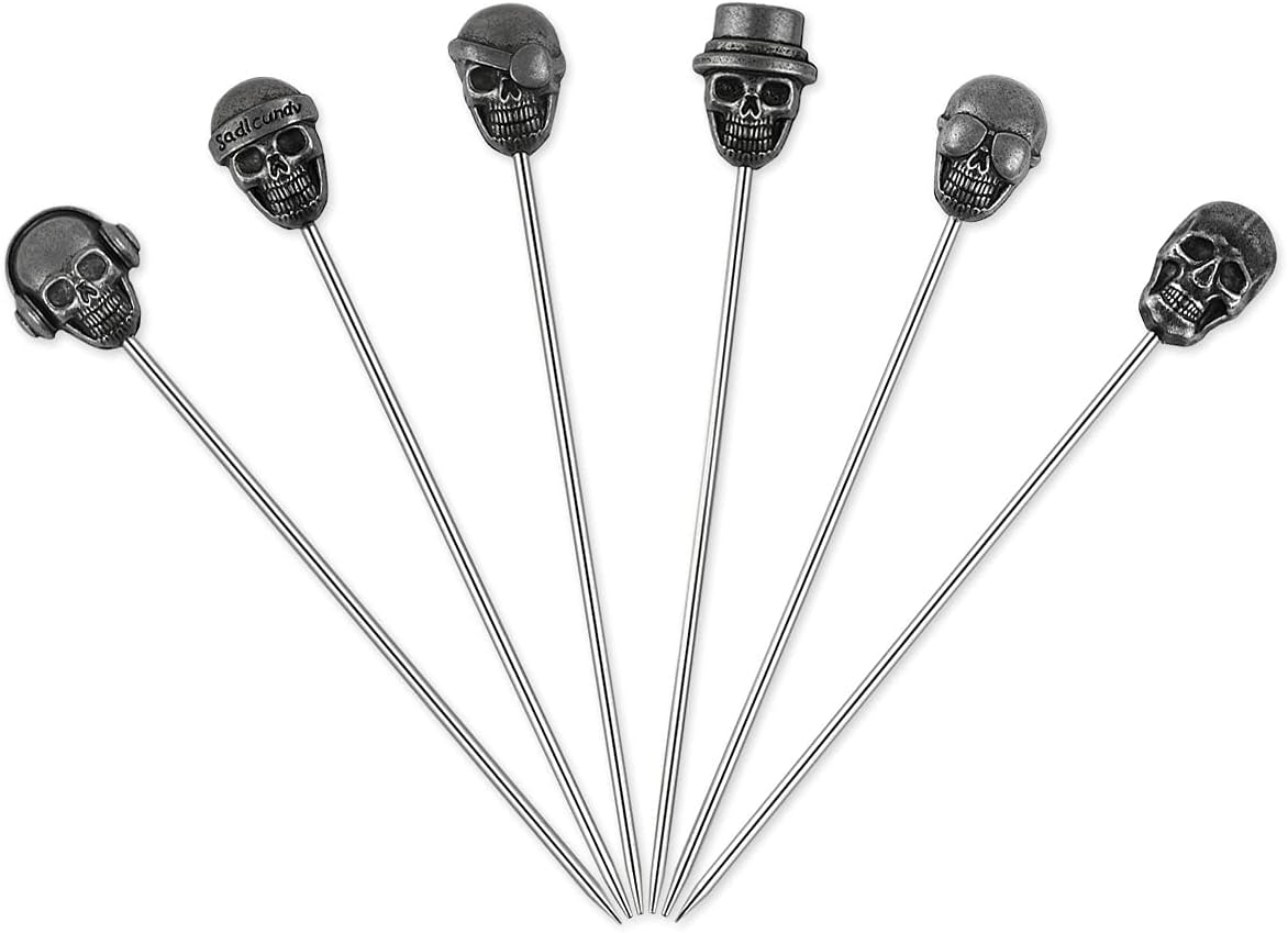 SCSpecial Skull Cocktail Picks 6 Pieces Stainless Steel Olive Picks Reusable Fruit Sticks for Halloween Party - Set B