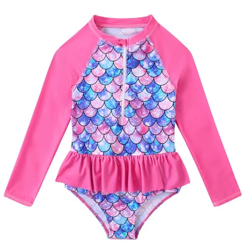 RAISEVERN 1-7 Years Girls Rashguard Swimsuit Long Sleeve One Piece Zipper Bathing Suits with Ruffle Butt