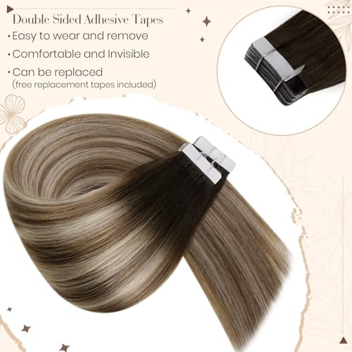 Hetto Tape in Hair Extensions Human Hair Ombre Brown to Blonde, Invisible Lightweight Tape Hair Extensions - Image 3