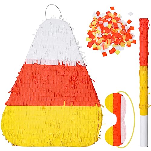 Lenwen Halloween Candy Corn Piñata Halloween Large Piñata with Stick Blindfold and Confetti Party Decorations for Birthday Game Halloween Themed Party Decoration