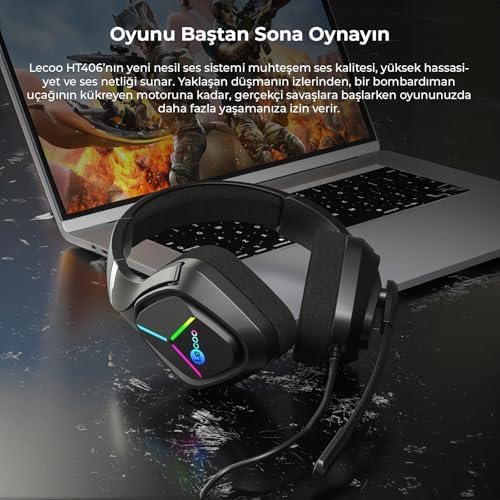 Lecoo HT406 3.5mm Jack + USB Kablolu RGB Aydınlatmalı Kulak Üstü Gaming Kulaklık - Evrensel Uyumlu, 50mm Ses Sürücüsü, 1.5m Kablo Uzunluğu, Ergonomik Kulaklık Siyah - Görsel 6