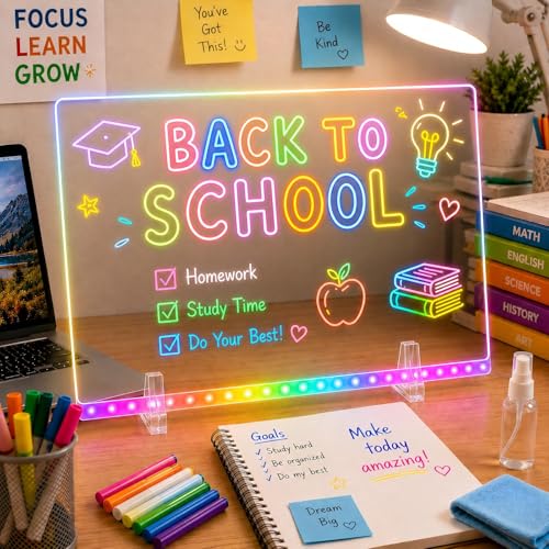 LED Light Up Acrylic Message Board for Kids Students 13.7x10 Dry Erase Drawing Board with 7 Colors & 4 Modes Reusable Glow Memo Board for Back to School Homework Bedroom Desk Decor