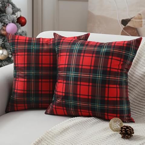 Allorry Christmas Pillow Covers 18x18 inch Set of 2 Christmas Decorations Red Black Buffalo Check Plaid Green Stripe Pillow Covers Decor for Home Sofa Cushion Bed SY-001C18 Cover
