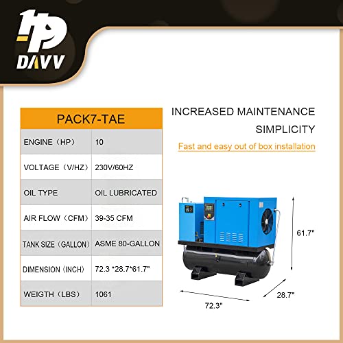 Hpdavv Total Rotary Screw Air Compressor With Tank & Refrigerated Dryer - 10Hp/ 7.5Kw - 40Cfm/ 150Psi - 230 V/ 3-Phase/ 60Hz - 80 Gallon Asme Tank All-In-One Industrial Air Compressed System #TOP1