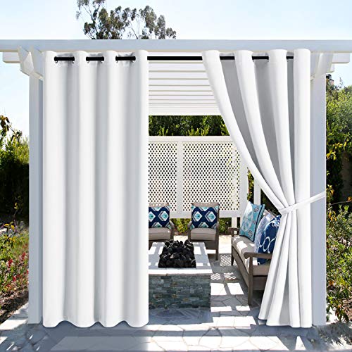 Hiasan White Outdoor Curtains for Patio Waterproof - Grommet Indoor Outdoor Thermal Insulated Blackout Curtains for Gazebo, Cabana, 52 X 84 Inches Long, Set of 2 Window Curtain Panels and 2 Tiebacks