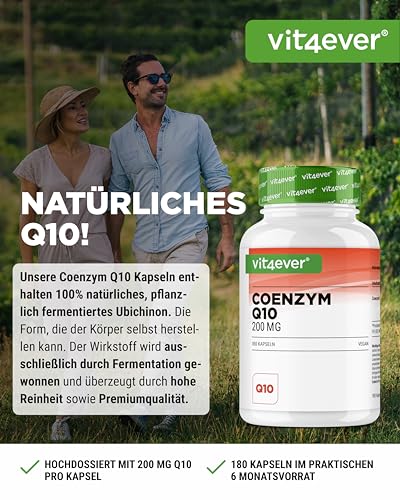vit4ever Coenzym Q10 mit 200mg pro Kapsel - 180 vegane Kapseln - 6 Monate Reichweite - hochwertiges Q10 - hochdosiert, ohne unnötige Zusätze & laborgeprüft