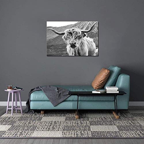 Black And White Animal Canvas Wall Art Freedom Highland Cow Painting Artwork Farmhouse Picture Wildlife Art Print For Living Room Home Wall Decor 24" X 36" Mountain Landscape Picture Modern Decoration #TOP1