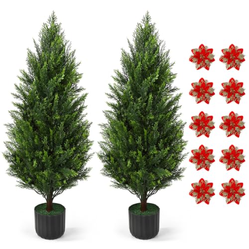 FOLIZEN 3FT Dense Artificial Cedar Topiary Trees 2 Pack, Front Porch Decor