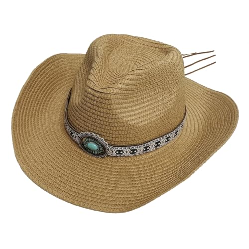 Lifup Women's Western Cowgirl Hat, Straw Cowboy Sun Hats, Shapeable Cowboy Hat with Decorative Bands Brown