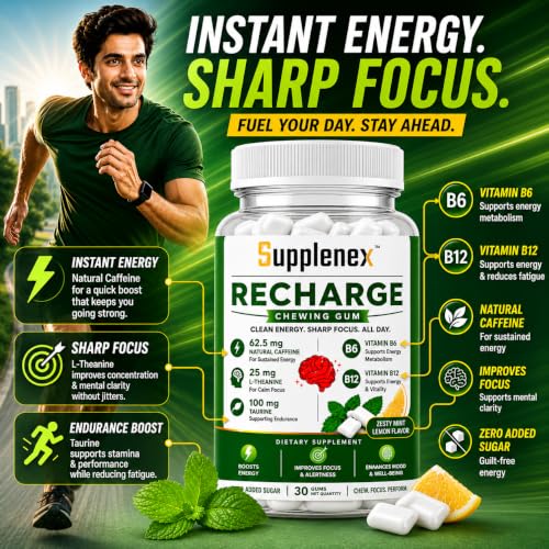 Image of Caffeine Energy Gum with L-Theanine and Taurine for Focus, Memory & Alertness | Zero Added Sugar Chewing Gum | Mint Flavor | 30 Gums
