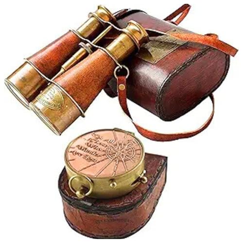 Binoculares marinos con brújula y estuche de cuero miniatura 1