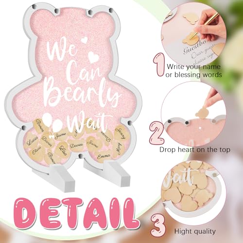 Image of Kosiz We Can Bearly Wait Acrylic Baby Shower Guest Book Alternatives Decorations with Wooden Hearts for 60 Guests Baby Shower Sign Picture Frame Pregnancy Keepsake Edition for Soon to Be Mom (Pink)