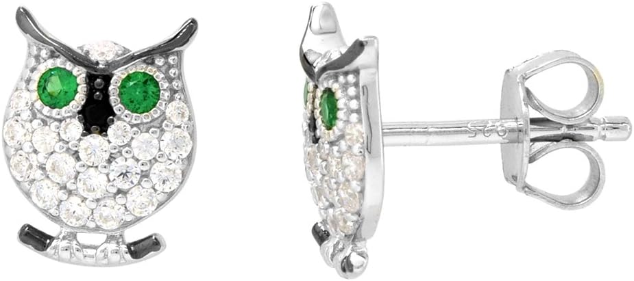 Dainty Sterling Silver Owl Earrings Studs Green and White CZ Micropave Rhodium Plated 3/8 inch (11mm) long