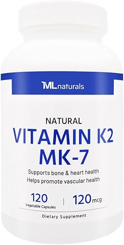 ML Naturals Vitamina natural K2 MK-7 120 mcg 120 cápsulas vegetales. MK-799% All-Trans MK-7. Apoya la salud ósea y cardíaca, ayuda a promover la