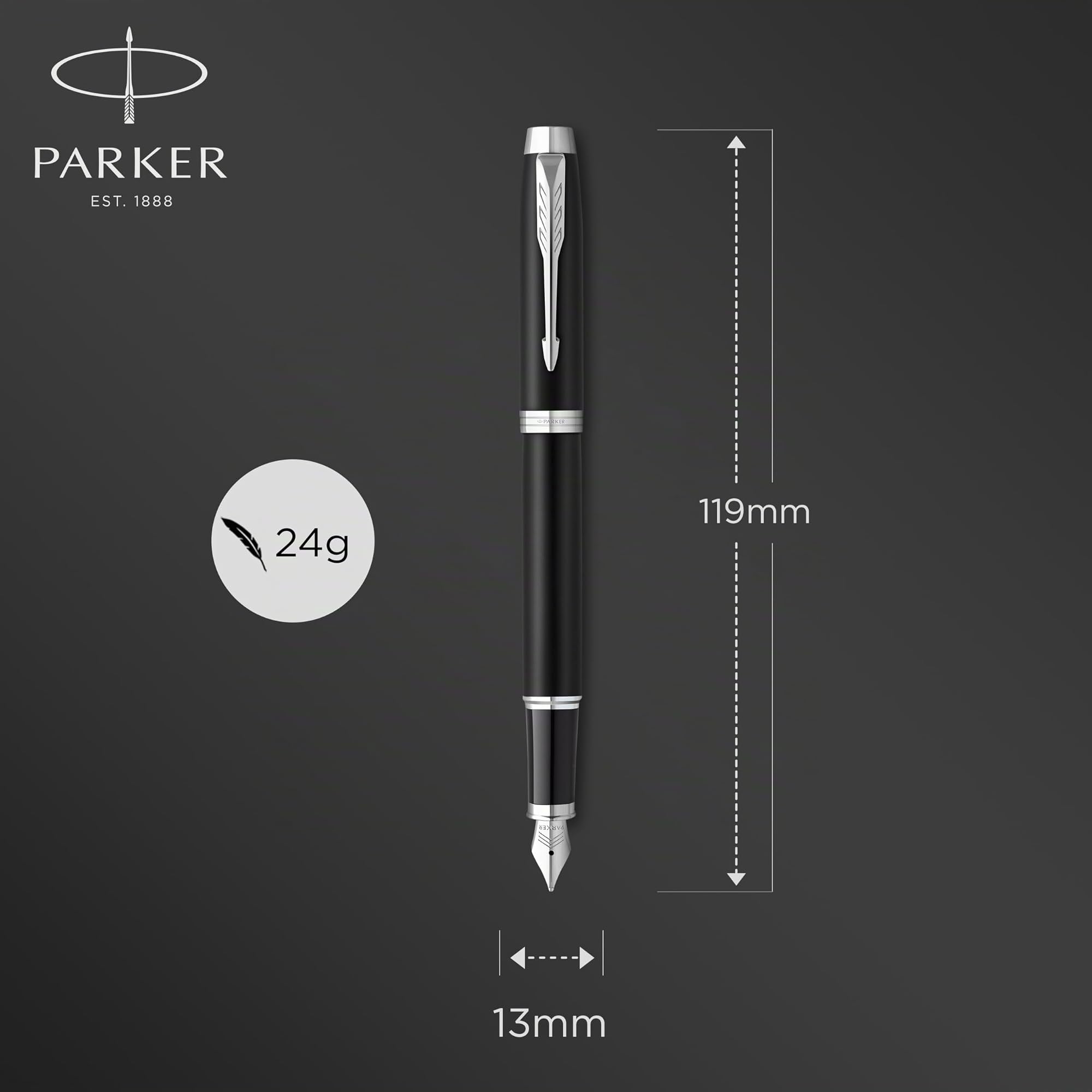 Parker IM stylo plume | noir mat avec finitions chrome | pointe fine avec encre bleue | coffret cadeau