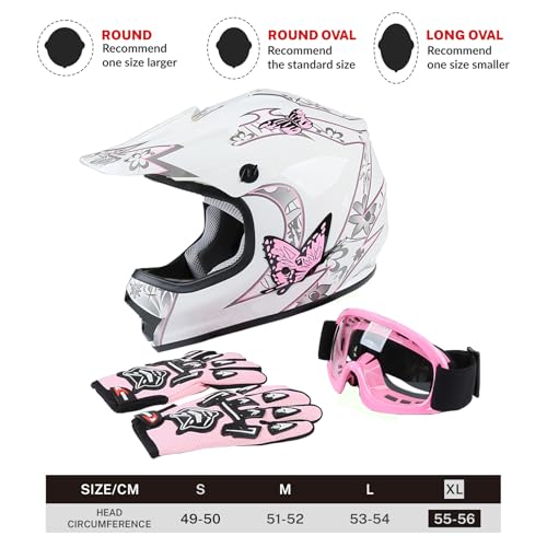 TCT-MT DOT Helmet+Goggles +Gloves Youth Kids Pink Butterfly ATV Offroad Dirt Bike Helmet Motocross Helmet Gloves Goggles S~XL (X-Large)