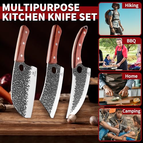 Image of Butcher Knife Set - 3PCS Hand Forged Kitchen Knife Set with Serbian Chef Knife, Viking Boning Knife & Meat Cleaver, High Carbon Steel for Meat Cutting, Outdoor BBQ, Camping, Gift for Men