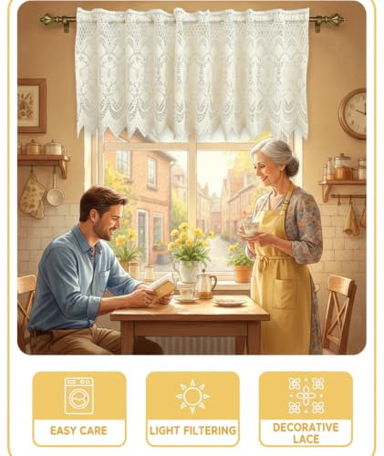 Image of piercing Curtains for Kitchen, Lace Curtains, Kitchen Window Curtains, Sheer Curtains, Kitchen Curtains 29 inchx39 inch Lace Tier 1-Panel Rod Pocket Floral Scalloped Cafe Light Filter White (Style 5)