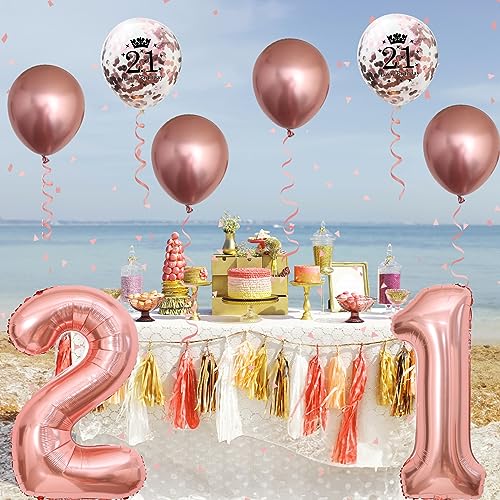 Image of 21st Birthday Balloons Rose Gold, Decorations for Him With Large Number 21 Foil Balloon, Confetti Metallic Latex Balloons for Her Girls 21 Years Old Bday Decor