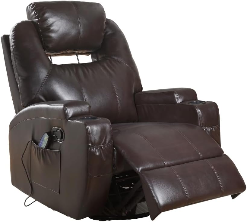 Swivel Rocker Recliner with Massage in Brown Bonded Leather Match