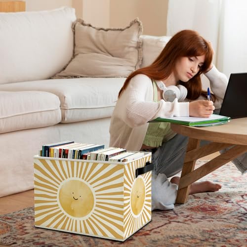 Image of Boho Sunshine Classroom Storage Bins Box with Handles, Cute Boho Abstract Sunshine Collapsible Basket Organizer for Kids Nursery Room Bedroom Bathroom Books Clothes