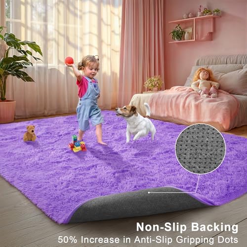 Purple Area Rugs for Girls Bedroom Living Room, 5x8 Fluffy Fuzzy Shaggy Carpet for Kids Playroom Nursery, Thick Soft Plush Mat for Kids Baby Boys Teen Dorm Home Decor Aesthetic