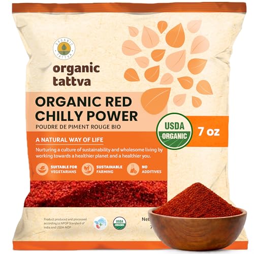 Organic Tattva Red Chili Powder (7 oz/200 gm) - Cold Ground Organic Chili Powder with Natural Oils, Aroma & Color - Powdered Chilli for Seasoning, Marinade & Everyday Cooking - USDA Certified Spices
