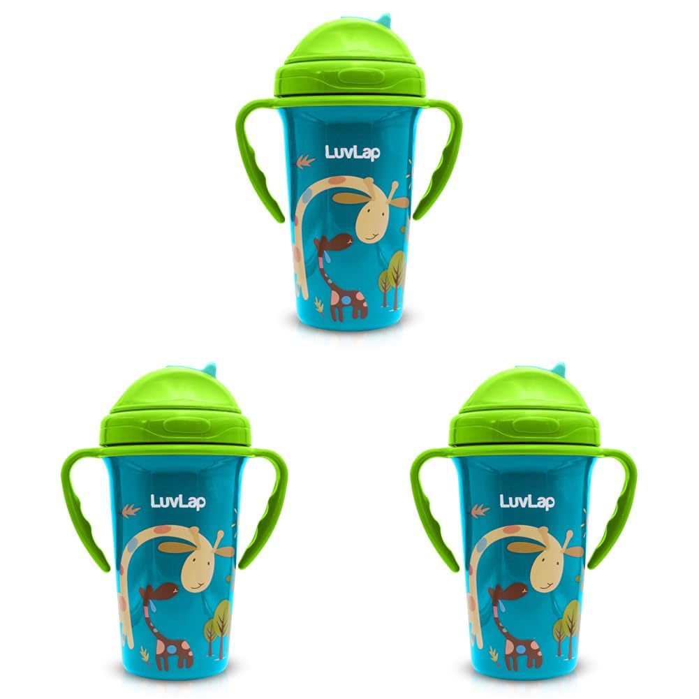 LuvLap Tiny Giffy Sipper for Infant/Toddler & Kids 300ml, Anti-Spill Sippy Cup with Soft Silicone Straw BPA Free, 1 Year+ (Green) (Pack of 3)-image-32